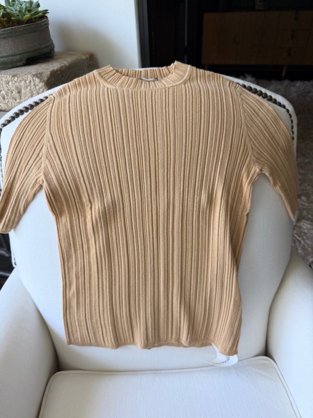 Vince Ribbed Short Sleeve Top - Camel Beige